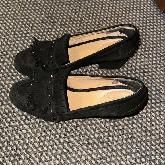 Franco Sarto black leather suede stacked short heel business loafers fringe 7 - Picture 2 of 11